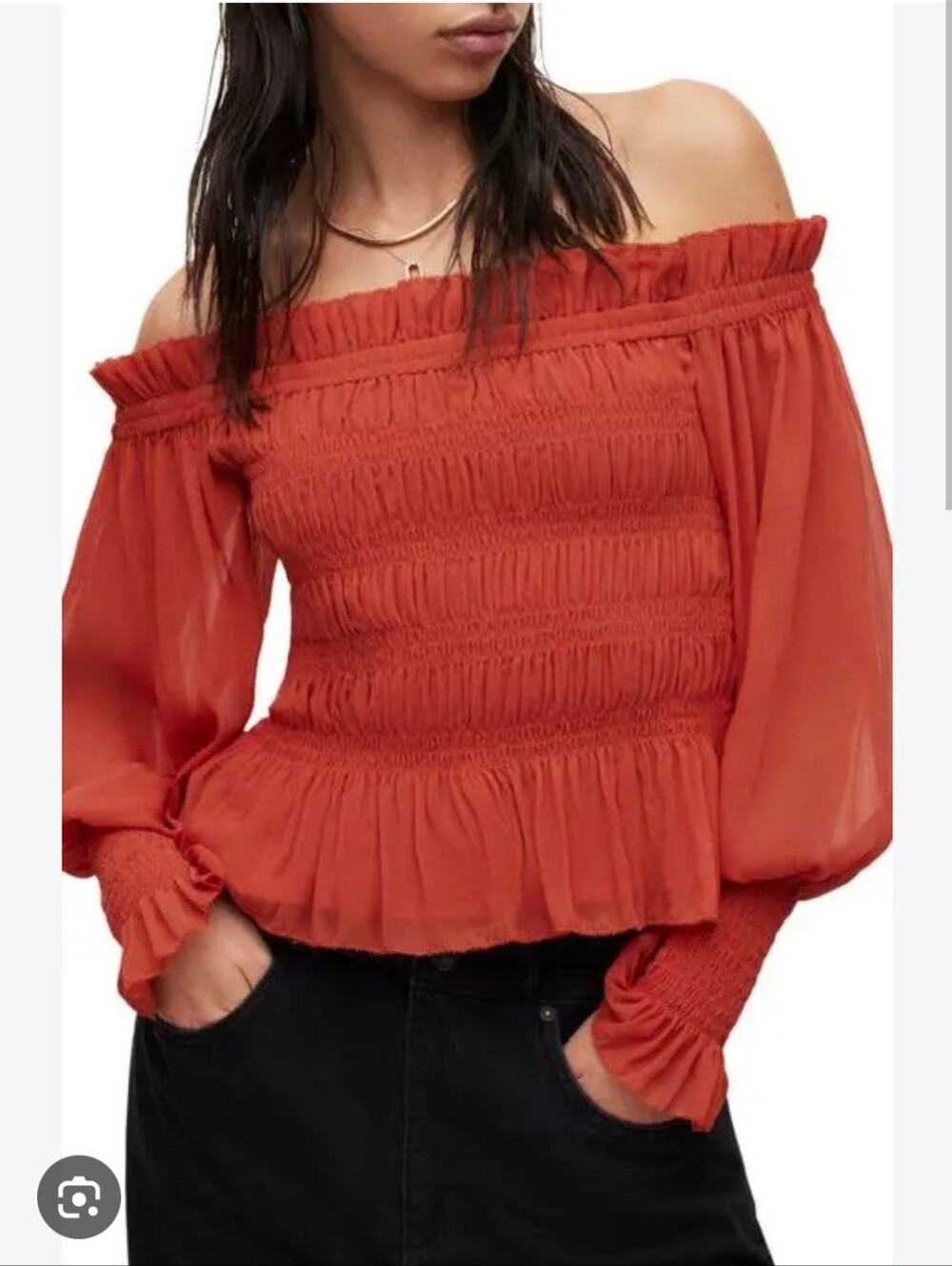 All Saints Red Chiffon Off-Shoulder Top